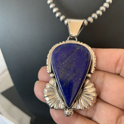 Native American Men's Navajo Pearls Necklace Pendant | Sterling Silver Blue Lapis | 1539
