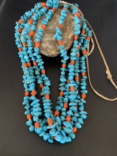 Native American Santo Domingo Spiny Blue Turquoise Shell Jacla Necklace | 5 Strand | 36" | 13194