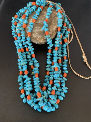 Native American Santo Domingo Spiny Blue Turquoise Shell Jacla Necklace | 5 Strand | 36" | 13194