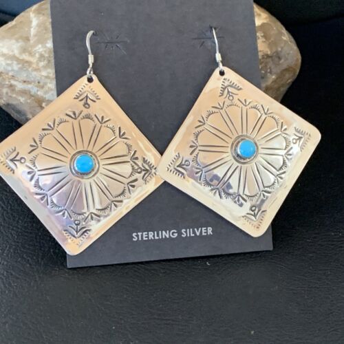 Navajo Blue Turquoise Earrings | Stamped Sterling Silver | Authentic Native American Handmade | 13321