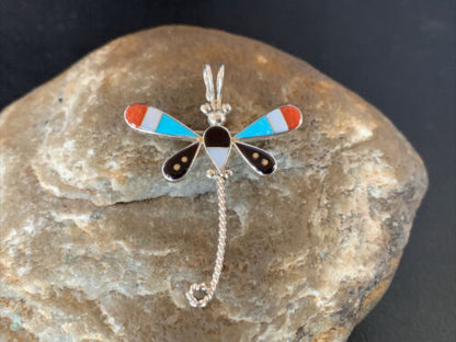 Zuni Turquoise Mother of Pearl Inlay Dragonfly Necklace Pin Pendant | Sterling Silver | 12322