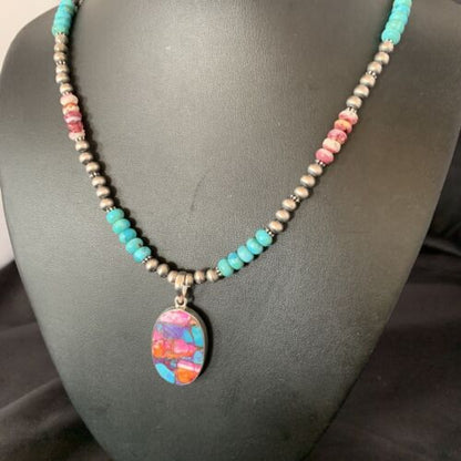 Navajo Pearls Sterling Silver Necklace with Turquoise and Purple Spiny Oyster Pendant | 13153