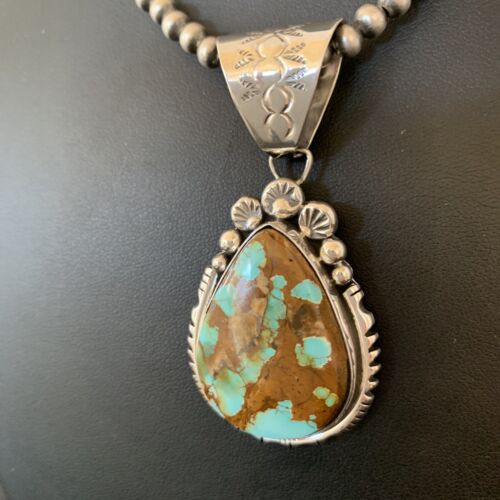 Navajo Pearls Necklace with Blue Royston Turquoise Pendant | Sterling Silver | Native American Handmade | 10764
