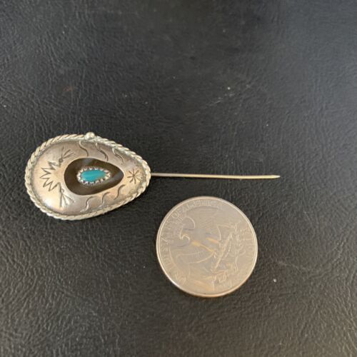 Old Pawn Navajo Hair Pin | Sterling Silver Blue Turquoise | 2.5" | Authentic Native American Handmade | 13729