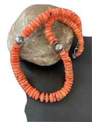 Native American Pink Coral Navajo Bead Necklace | Sterling Silver | 18" | 01951