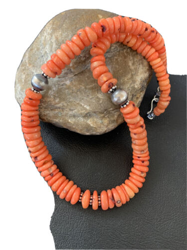 Native American Pink Coral Navajo Bead Necklace | Sterling Silver | 18" | 01951