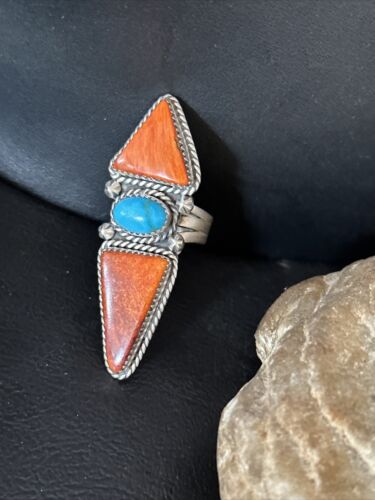 Navajo Orange Spiny Oyster Multi-Stone Ring | Authentic Native American Sterling Silver | Multi-Stone | Sz 7 | 14507