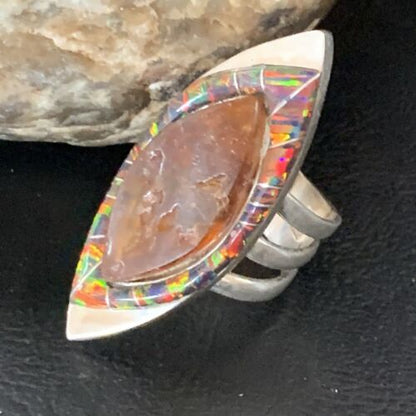Navajo Sterling Silver Opal Inlay Ring with Amber | Sz 9 | Authentic Native American Handmade | Pomellato | 12849
