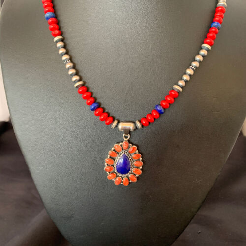 Navajo Red Stabilized Coral Lapis Necklace Cluster Pendant | Sterling Silver | Multi-Stone | 10633
