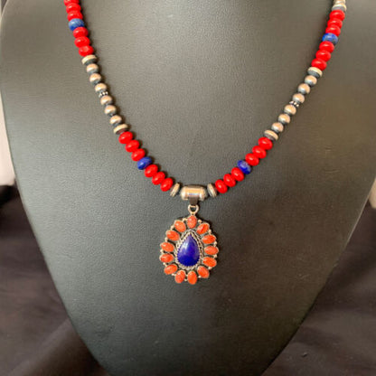 Navajo Red Stabilized Coral Lapis Necklace Cluster Pendant | Sterling Silver | Multi-Stone | 10633