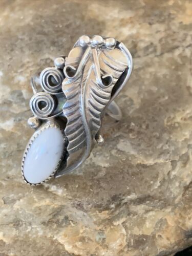 Navajo White Buffalo Turquoise Ring | Sterling Silver | Sz 8 | Authentic Native American Handmade | 12186
