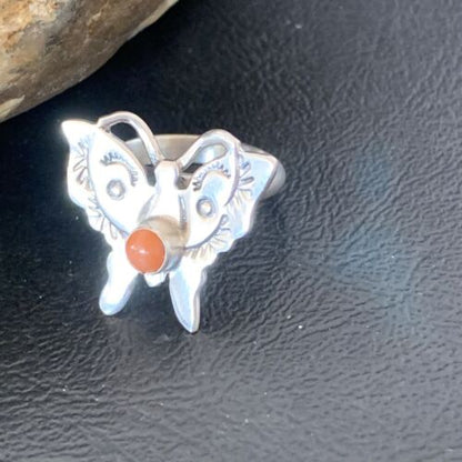 Navajo Orange Spiny Oyster Butterfly Ring | Sterling Silver | Sz Adj 8 | Authentic Native American Handmade | 10351