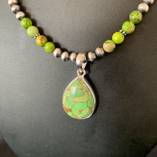 Navajo Pearl Necklace with Green Mojave Turquoise Pendant | Sterling Silver | Authentic Native American Handmade | 11759
