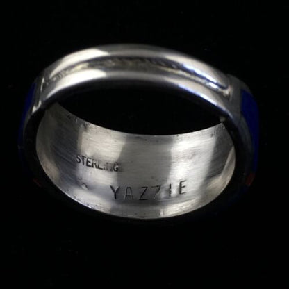 Navajo Multi-Stone Lapis Coral Inlay Ring | Sterling Silver | Sz 9.75 | Authentic Native American Handmade | 10102