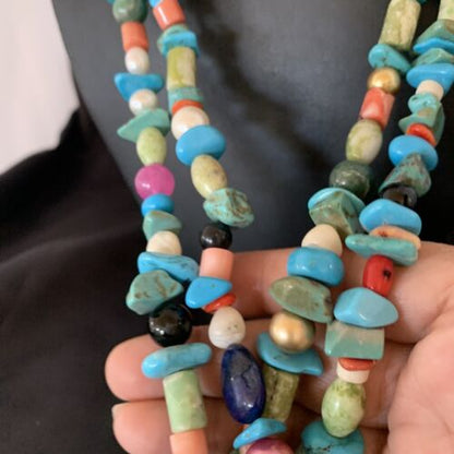 Southwestern American Santo Domingo Turquoise Coral Bead Necklace | 28" | Authentic Native American Handmade | 11987