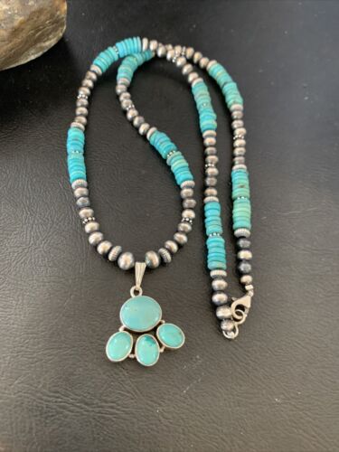 Navajo Pearl Necklace with Blue Cluster Turquoise Pendant | Sterling Silver | 12498