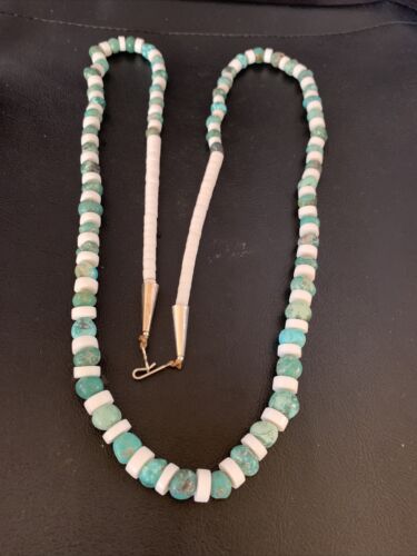 Authentic Native American Santo Domingo Necklace | Blue Turquoise & White Shell Beads | 34" | 13198