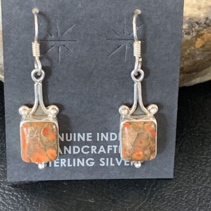 Navajo Orange Spiny Oyster Inlay Earrings | Sterling Silver | Authentic Native American Handmade | 12829