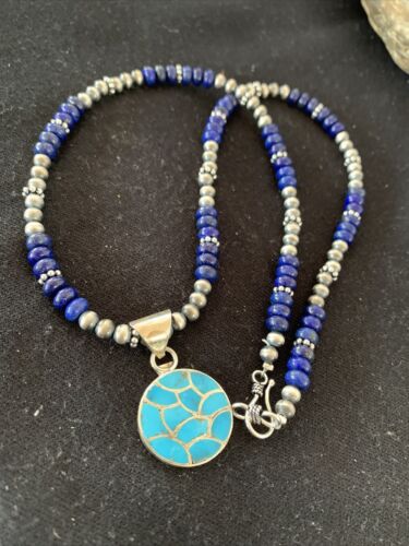 Navajo Sterling Silver Lapis Blue Turquoise Inlay Pendant Necklace | Authentic Native American Handmade | 1172