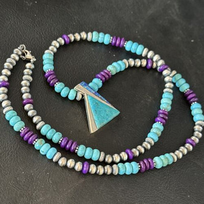 Navajo Blue Turquoise Sugilite Pendant | Sterling Silver Inlay Necklace | Authentic Native American Handmade | 14642