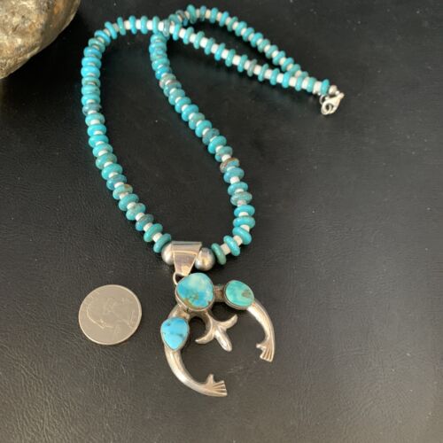 Navajo Sterling Silver Blue Turquoise Necklace with Naja Pendant | 18" | Authentic Native American Handmade | 13754