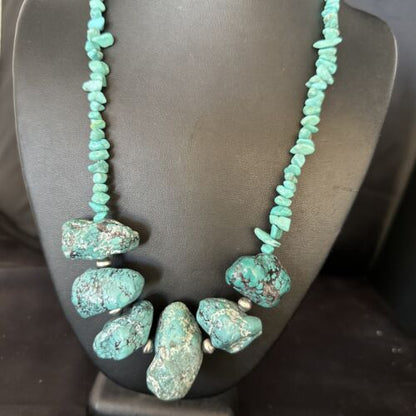Navajo Chunky Blue Turquoise Necklace | Sterling Silver | Authentic Native American Handmade | 20" | 14413