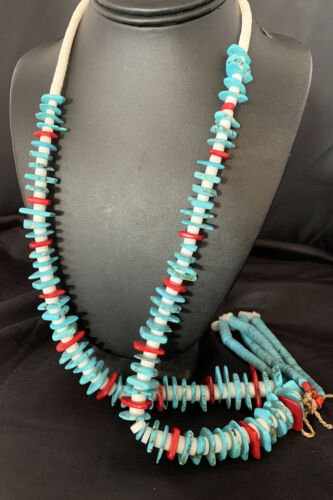 Native American Santo Domingo Blue Turquoise Red Coral Nugget Bead Jacla Necklace | 34" | 13197