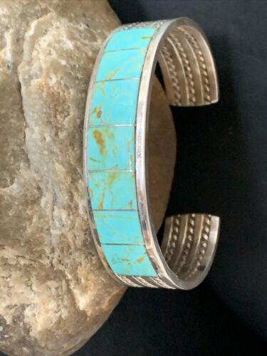 Native American Men's Blue #8 Turquoise Inlay Cuff Bracelet | Sterling Silver | 14138