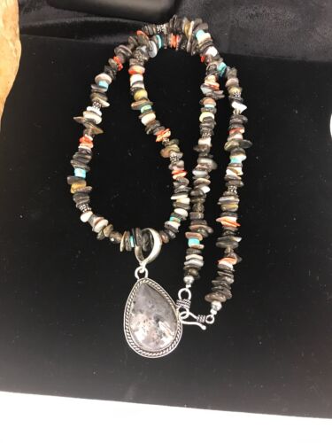 Navajo Turquoise Spiny Oyster Abalone Pendant Necklace | Sterling Silver | Authentic Native American Handmade | 11886