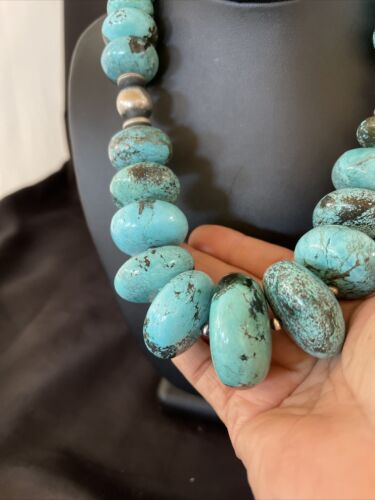 Navajo Blue Turquoise Necklace | Chunky Graduated Sterling Silver Pearls | Authentic Native American Handmade | 19" | 11350 - Masha USA