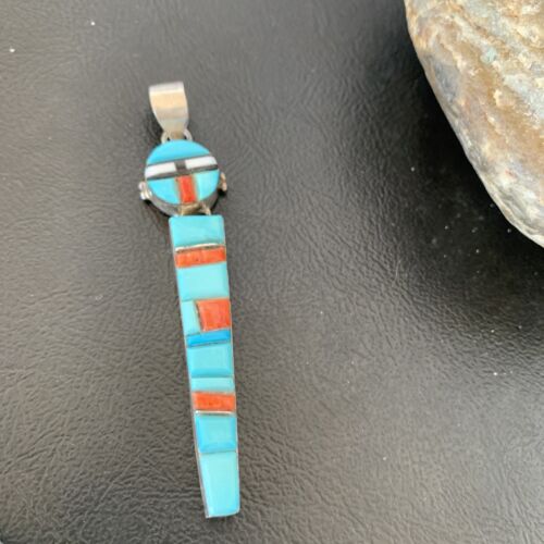 Navajo Blue Turquoise Spiny Inlay Pendant | Sterling Silver | Authentic Native American Handmade | 10881