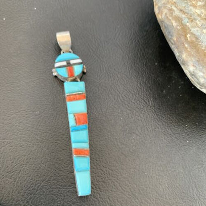 Navajo Blue Turquoise Spiny Inlay Pendant | Sterling Silver | Authentic Native American Handmade | 10881