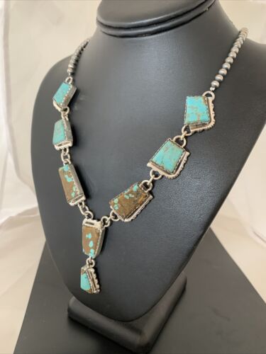 Navajo Handmade Turquoise Lariat Necklace | Long Sterling Silver Pendant | 02039