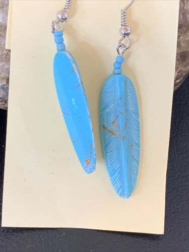 Navajo Turquoise Feather Slab Earrings | Sterling Silver Dangle | Authentic Native American Handmade | 12008