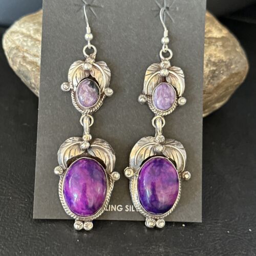 Navajo Purple Sugilite Dangle Earrings | Sterling Silver | 2" | Authentic Native American Handmade | 14402