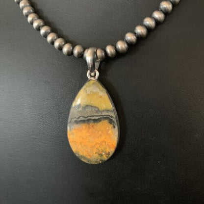 Navajo Yellow Bumblebee Jasper Pendant Necklace | Sterling Silver | Authentic Native American Handmade | 12805