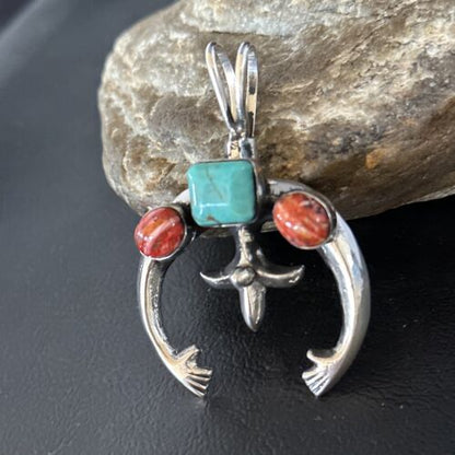 Navajo Blue Turquoise Red Spiny Oyster Naja Pendant | Sterling Silver | Authentic Native American Handmade | 14679