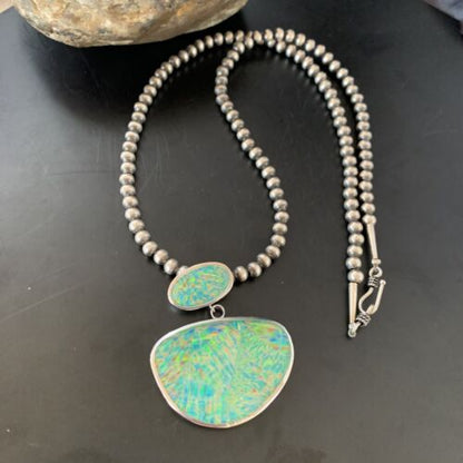 Navajo Blue Gilson Opal Inlay Pendant Necklace | Authentic Native American Sterling Silver | Multi-Stone | 11457 - Masha USA
