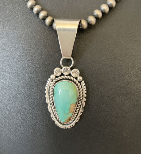 Women's Royston Turquoise Pendant Necklace | Navajo Pearls | Sterling Silver | Authentic Native American Handmade | 01183