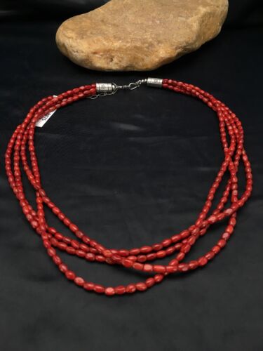Navajo Red Bamboo Coral 4 Strand Necklace | Sterling Silver | 21" | Authentic Native American Handmade | 2875