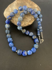 Navajo | Sterling Silver | Handmade Blue Denim Lapis Bead Necklace Pendant | Authentic Native American | 20" | 02206