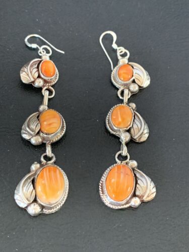 Navajo Orange Spiny Oyster Dangle Earrings | Sterling Silver | Authentic Native American Handmade | 1226