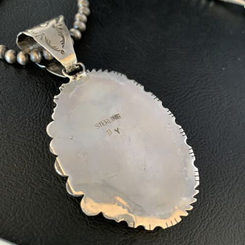 Navajo Pearls Sterling Silver Necklace with Blue #8 Turquoise Pendant | 3" | Authentic Native American Handmade | 13937 - Masha USA