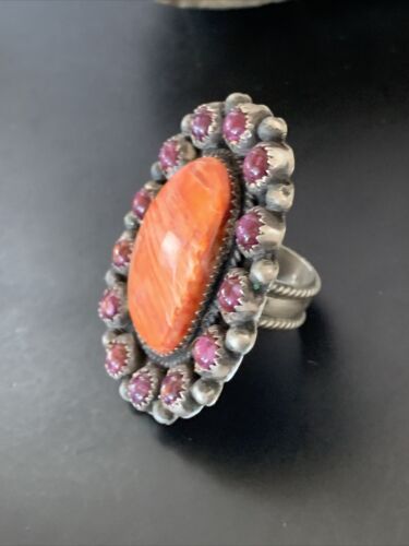 Navajo Spiny Oyster Cluster Ring | Authentic Native American Sterling Silver | Multi-Stone | Purple Orange | Sz 8 | 11513