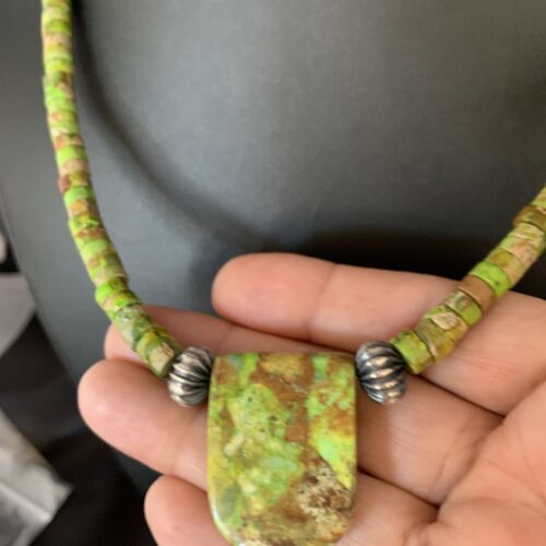 Navajo Green Gaspeite Turquoise Pendant | Sterling Silver | Authentic Native American Handmade | 13914 - Masha USA