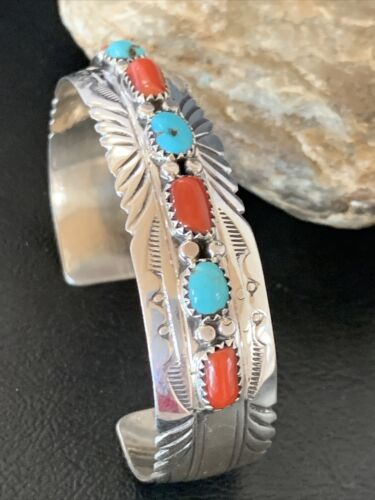 US Navajo Sterling Blue Kingman Turquoise Coral 7S Cuff Stamp Bracelet 12315