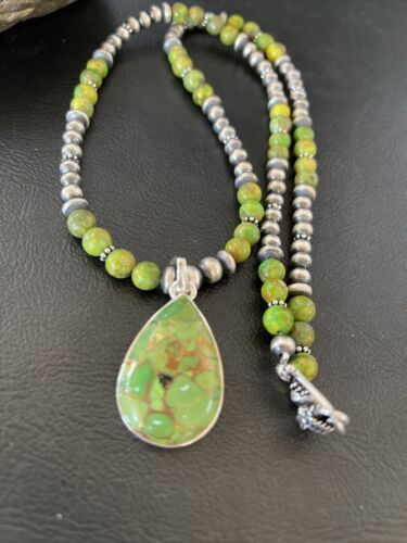 Women's Navajo Pearl Necklace with Green Mojave Turquoise Pendant | Sterling Silver | Native American Handmade | 10581