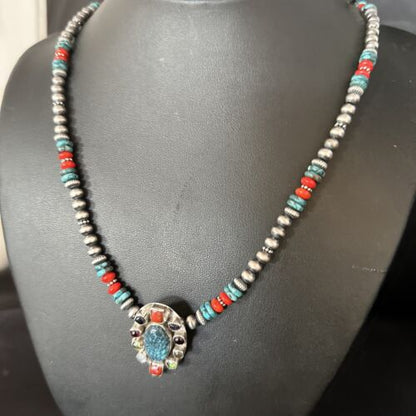 Navajo Multi-Color Blue Turquoise Coral Necklace Pendant | Authentic Native American Sterling Silver | Naja | 14371 - Masha USA