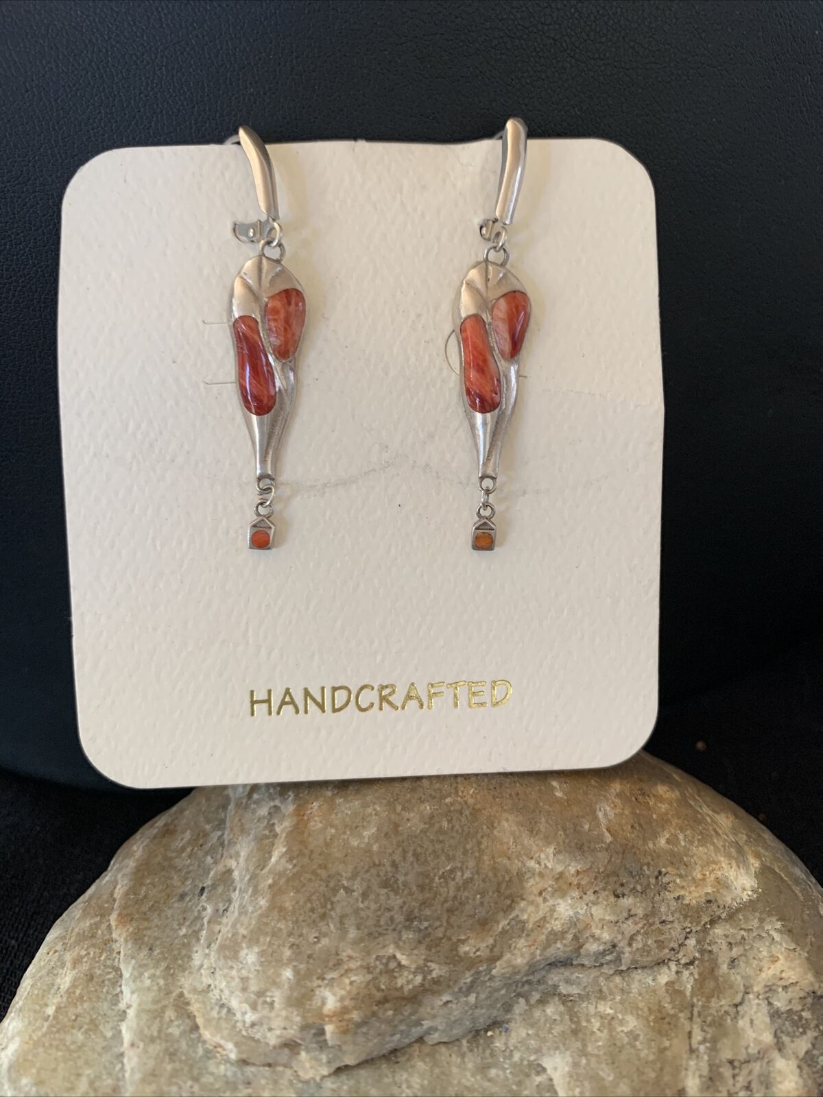 Navajo Red Spiny Oyster Inlay Earrings | Sterling Silver | 2" | Authentic Native American Handmade | 1520