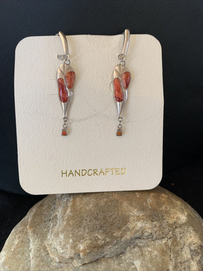 Navajo Red Spiny Oyster Inlay Earrings | Sterling Silver | 2" | Authentic Native American Handmade | 1520